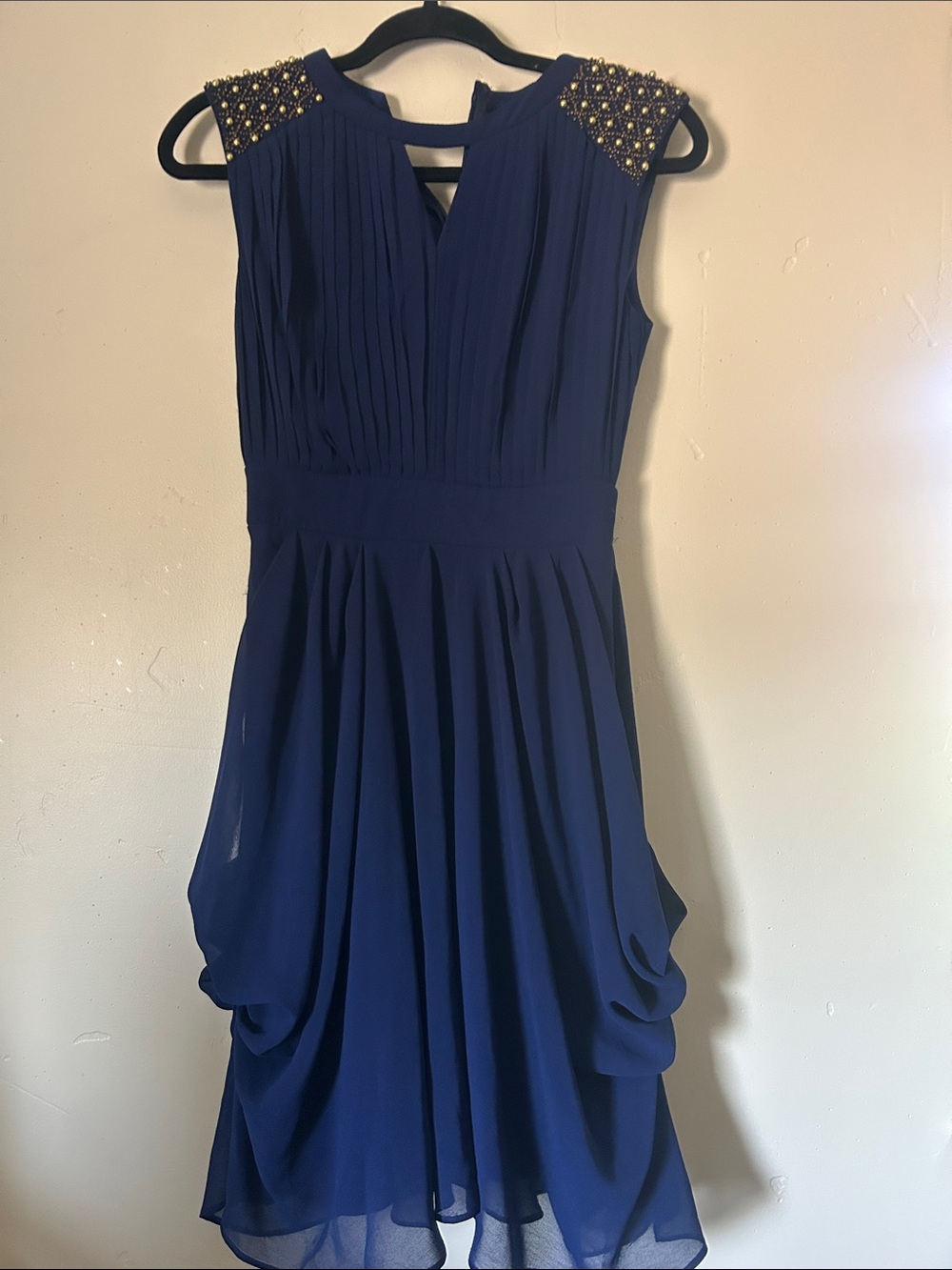 Little Mistress London Navy Blue Beaded-Shoulder Pleated Bodice  Midi Dress Sz 2